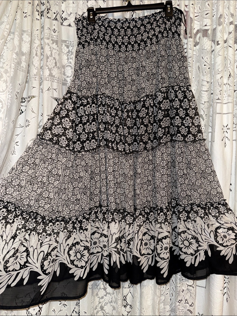 CeCe Black and White Tiered Floral Maxi Skirt